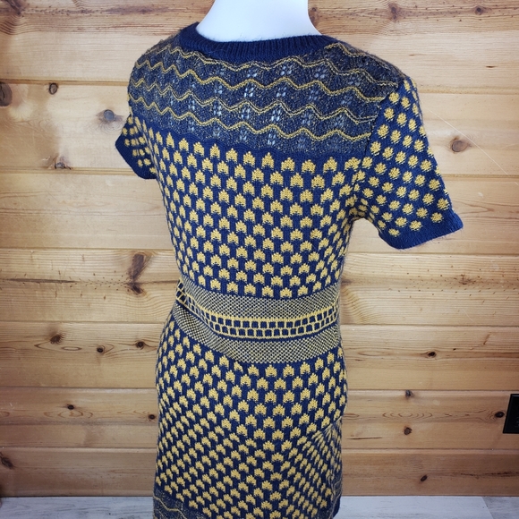Romeo + Juliet sweater dress bodycon knee navy mustard Small knit shortsleeved - Picture 3 of 8